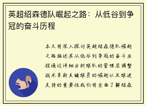 英超绍森德队崛起之路：从低谷到争冠的奋斗历程
